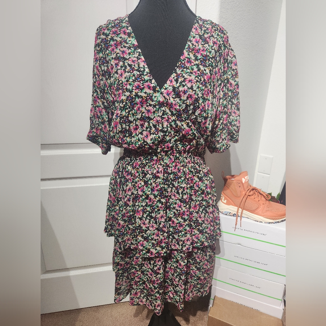 The Kooples Pink And Black Wrap Midi Dress With Flutter Sleeves
